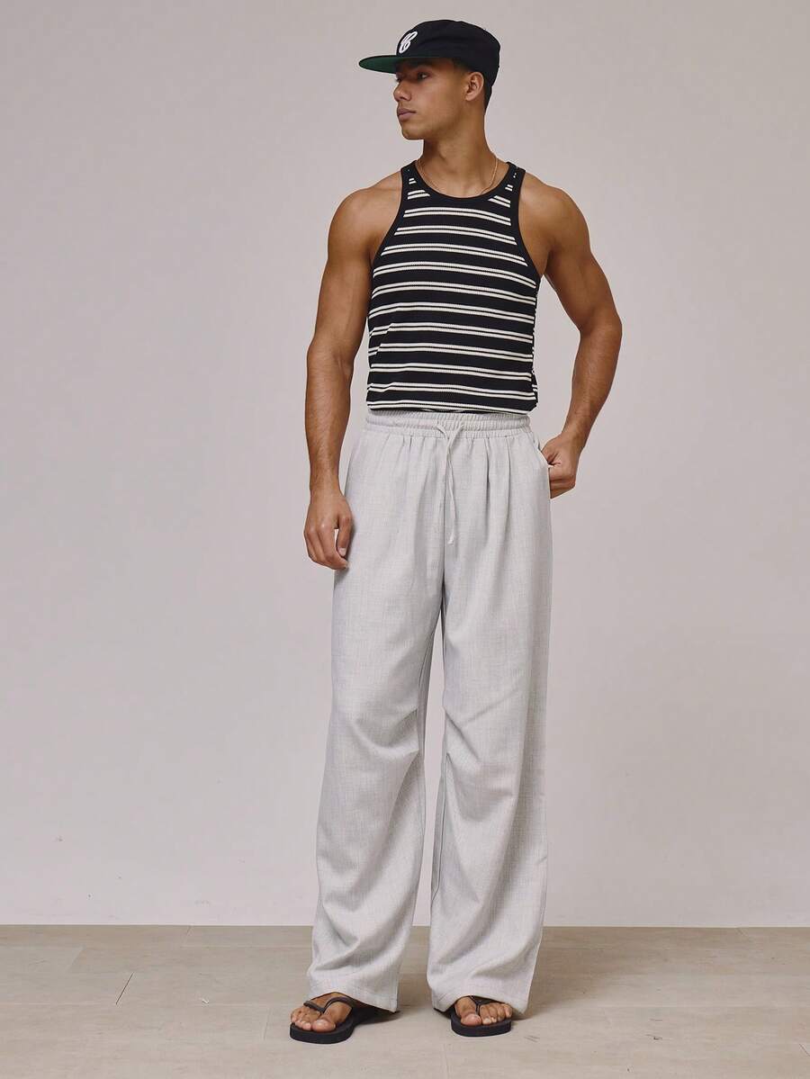 Musero 宽松长款修身束脚裤，弹性抽绳腰带，春夏必备度假风单品 - 灰色 - 查看 1