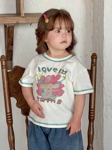 DAZY Blusa de manga corta con cuello redondo y estampado de letras linda para bebé niña - Blanco - Ver 1