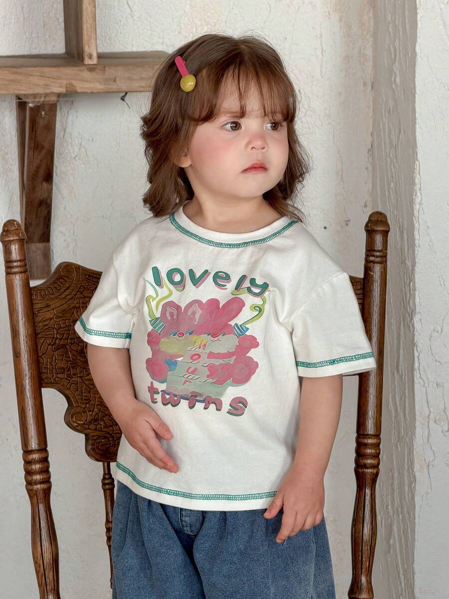 DAZY Blusa de manga corta con cuello redondo y estampado de letras linda para bebé niña - Blanco - Ver 1
