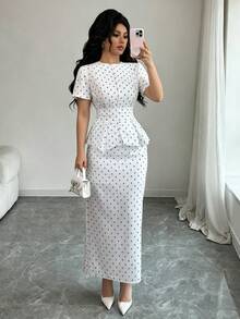 Rafferiza Women's Elegant Pearl Button Blouse + Split Hem Skirt 2 Pieces Set - White - View 5