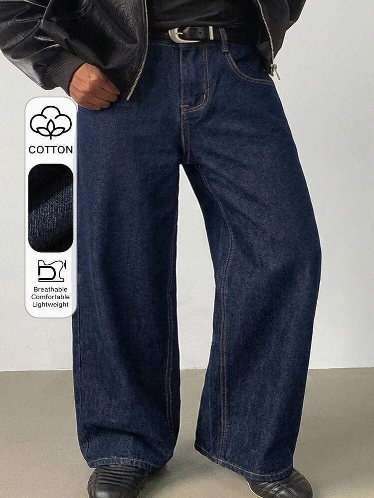 Men's Plus Size Washed Blue Solid Color Denim Jeans, Suitable For Spring And Autumn