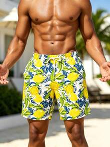 Surfspeed Plus Size Men's Lemon Print Beach Shorts, Holiday - Multicolor - View 3