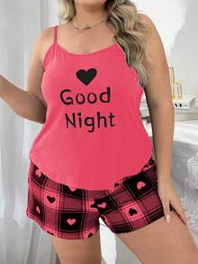 Heart Plaid Print Camisole & Shorts Pajama Set - Hot Pink - View 3