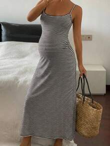 Stretchy Fitted Black & White Striped Maxi Maternity Dress, Slimming, Spring/Summer - Black and White - View 1
