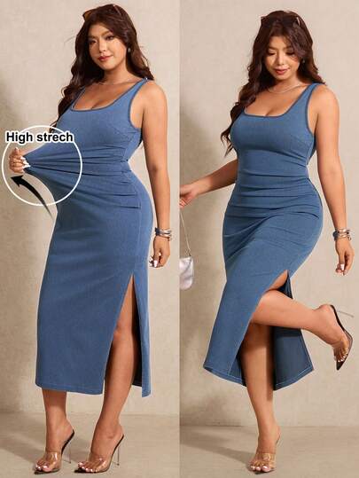 Elaquor Plus Size Sexy Sleeveless Fitted Denim Dress With Side Slit, Summer