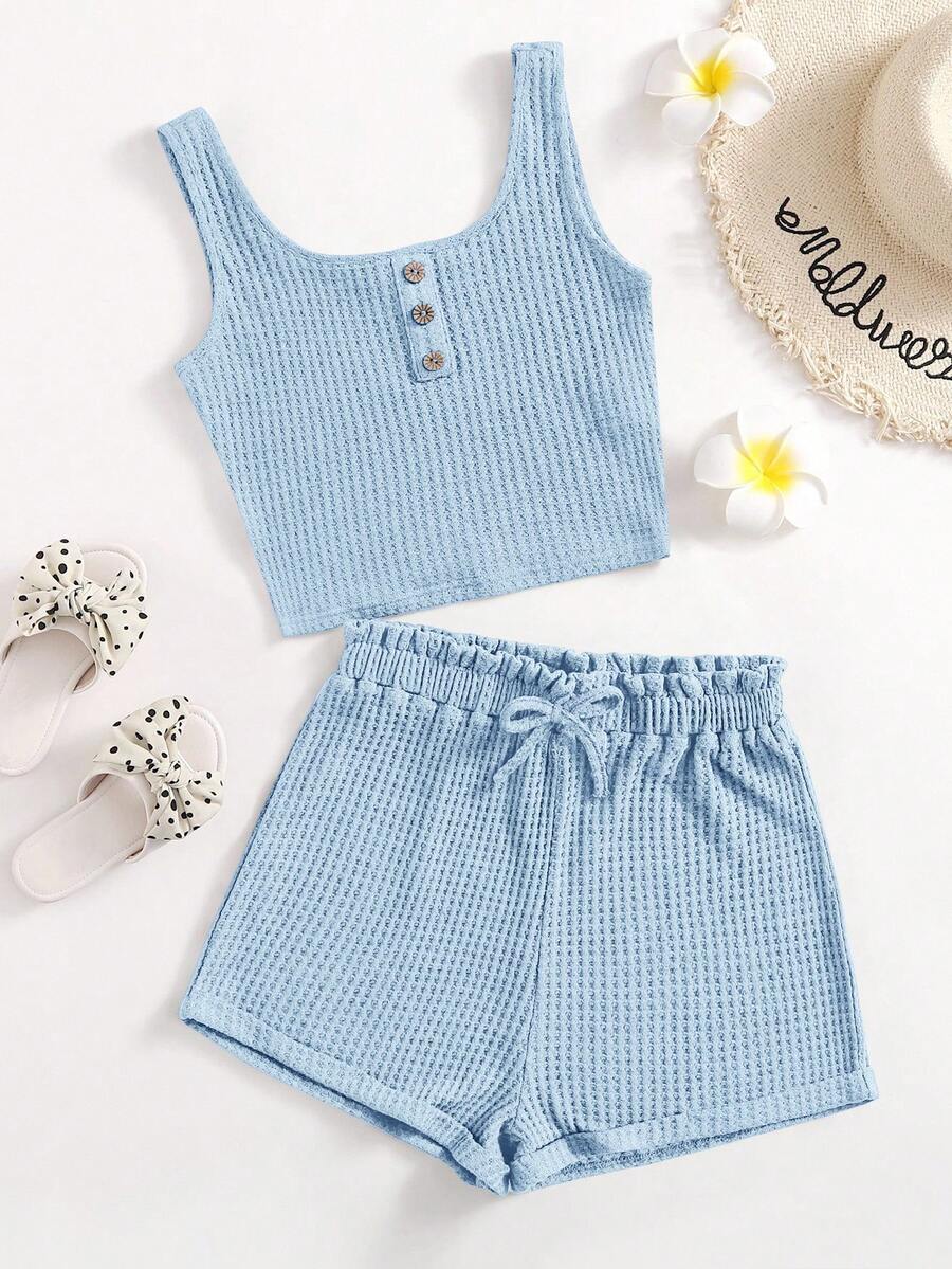 SHEIN Set Atasan Camisole dan Celana Pendek Pinggang Model Paper Bag untuk Liburan dan Perjalanan Santai Musim Panas Anak Perempuan Remaja - Baby Blue - View 1