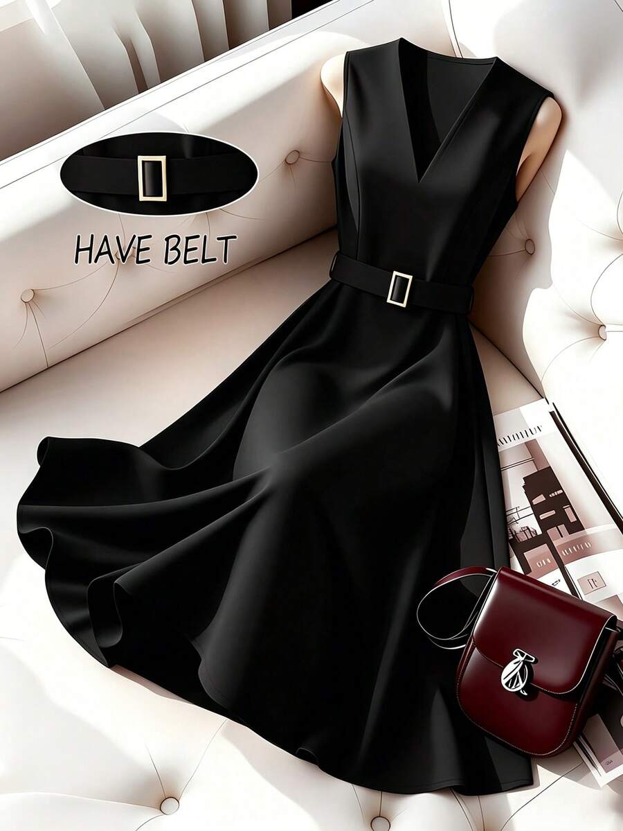 Franclia Đầm đỏ dáng chữ A không tay cổ chữ V thắt eo thời trang mới dành cho nữ cỡ lớn, thích hợp đi làm công sở, dự tiệc, tiệc trà chiều. - màu đen - Xem 1
