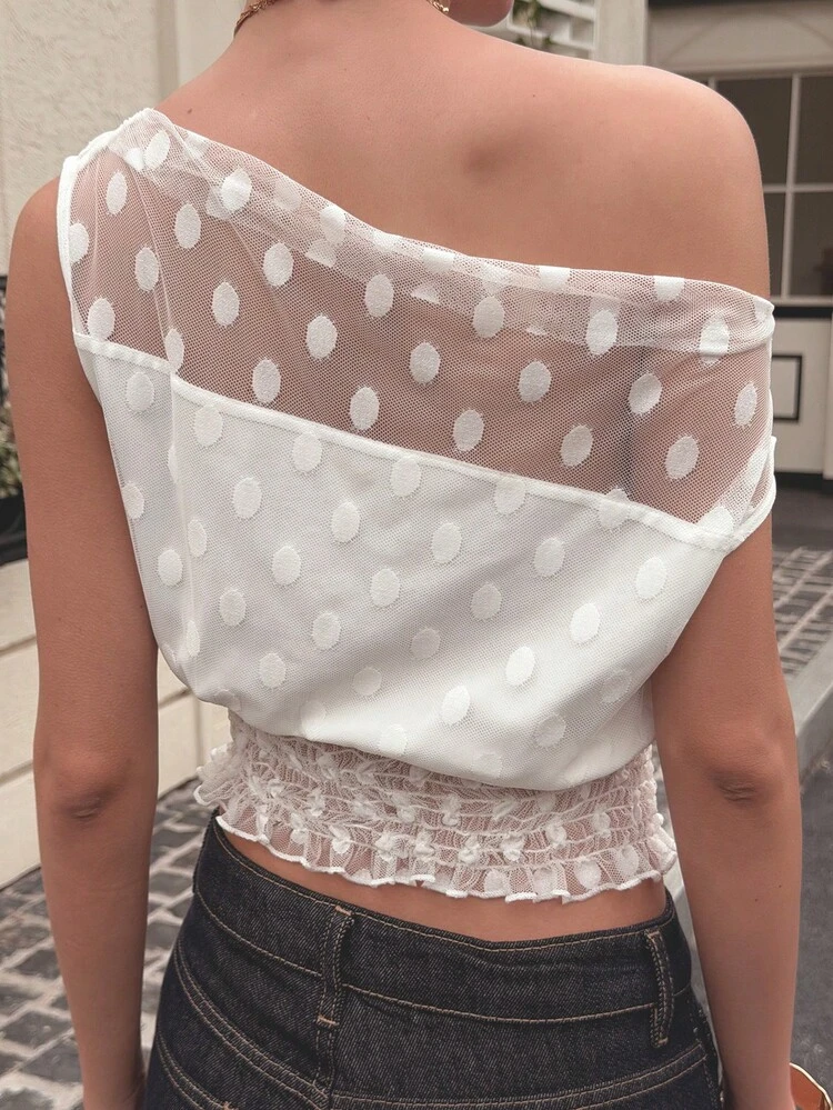 Women's Lace Patchwork Polka Dot Semi-Sheer Loose Shoulder Top