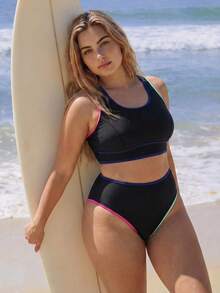 Swim SPRTY Plus Size Summer Beach Vacation Contrast Trim Criss-Cross Bikini Set - Multicolor - View 3