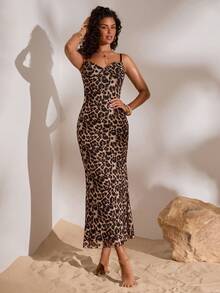 Opulessa Spring & Summer Vacation Knit Leopard Print Spaghetti Strap Fitted Dress For Women,Summer Dresses For Women Leopard Print Dresses For Women Spaghetti Strap Dress - Brown - View 3