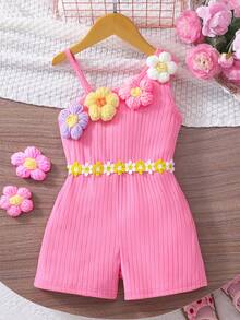 Elladie kids 1件装 女童甜美可爱彩色3D立体花卉装饰罗纹腰带连体裤，无袖不对称肩部设计，适合日常休闲及户外穿着，春夏款 - 粉色 - 查看 7