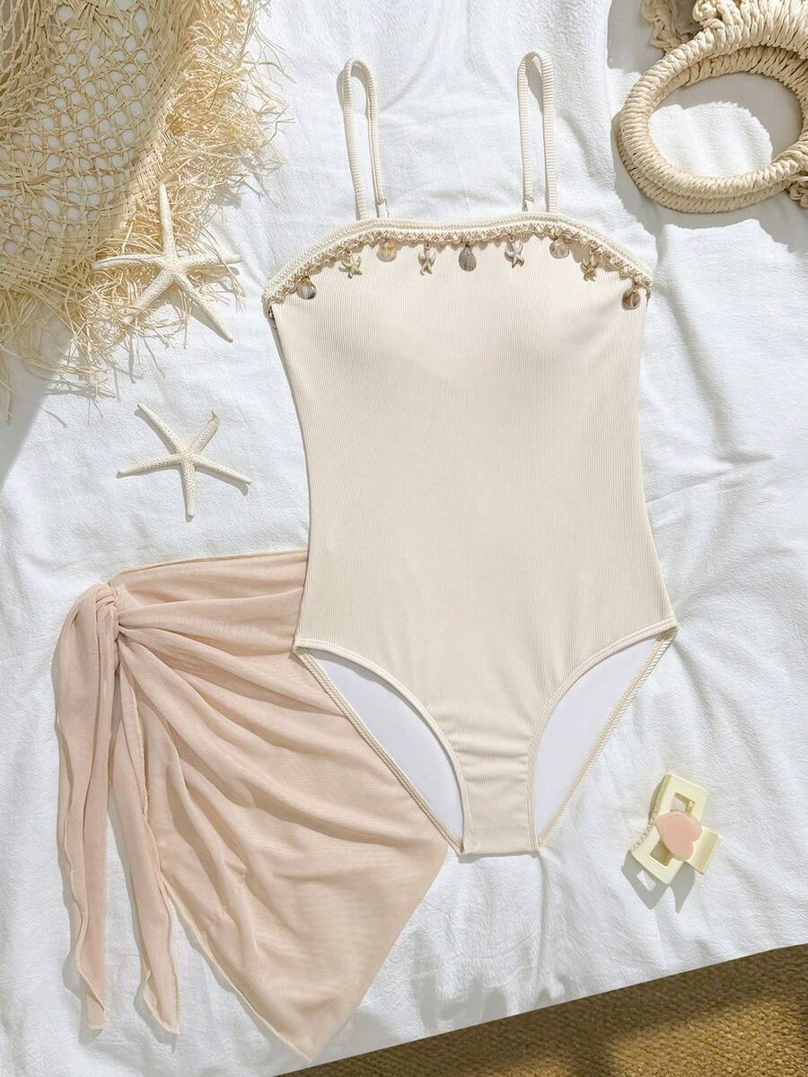 SHEIN Maiô Infantil Feminino com Babado de Concha Ondulada e Saia de Tule, Estilo Elegante e Casual, Adequado para Natação, Férias de Verão, Praia, Piscina, Festa de Férias, Roupa de Praia de Verão, Maiô Feminino, Vestido de Praia Feminino, Vestido de Verão Feminino, Vestido Saída de Praia Feminino, Maiô Canelado - Damasco - Visão 1