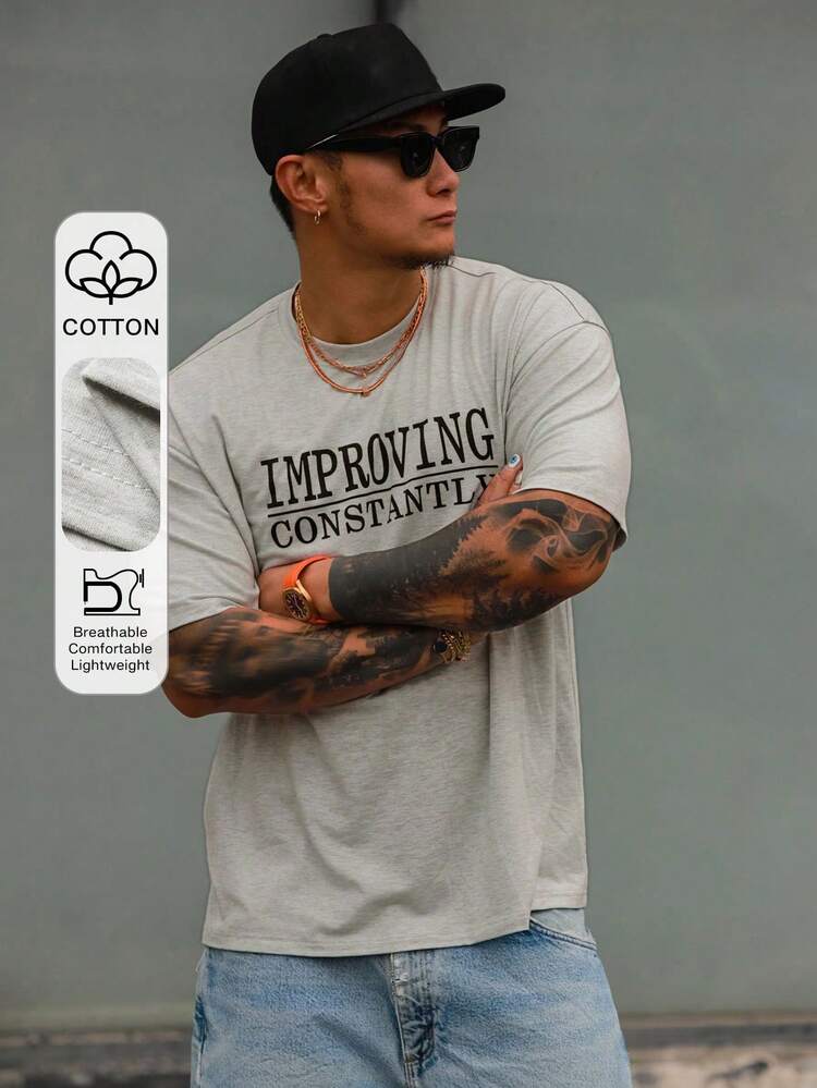 Men's Letter & Floral Print Grey Short Sleeve T-Shirt, Summer
