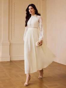 ZEYLAH Elegant Romantic Lace Patchwork Flare Sleeve Fitted A-Line Dress, Spring/Summer - Apricot - View 5
