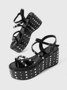 Grunge Punk Giày sandal đế cao, gót đính kim tuyến, khóa cài nhọn dành cho nữ. - màu đen - Xem 6