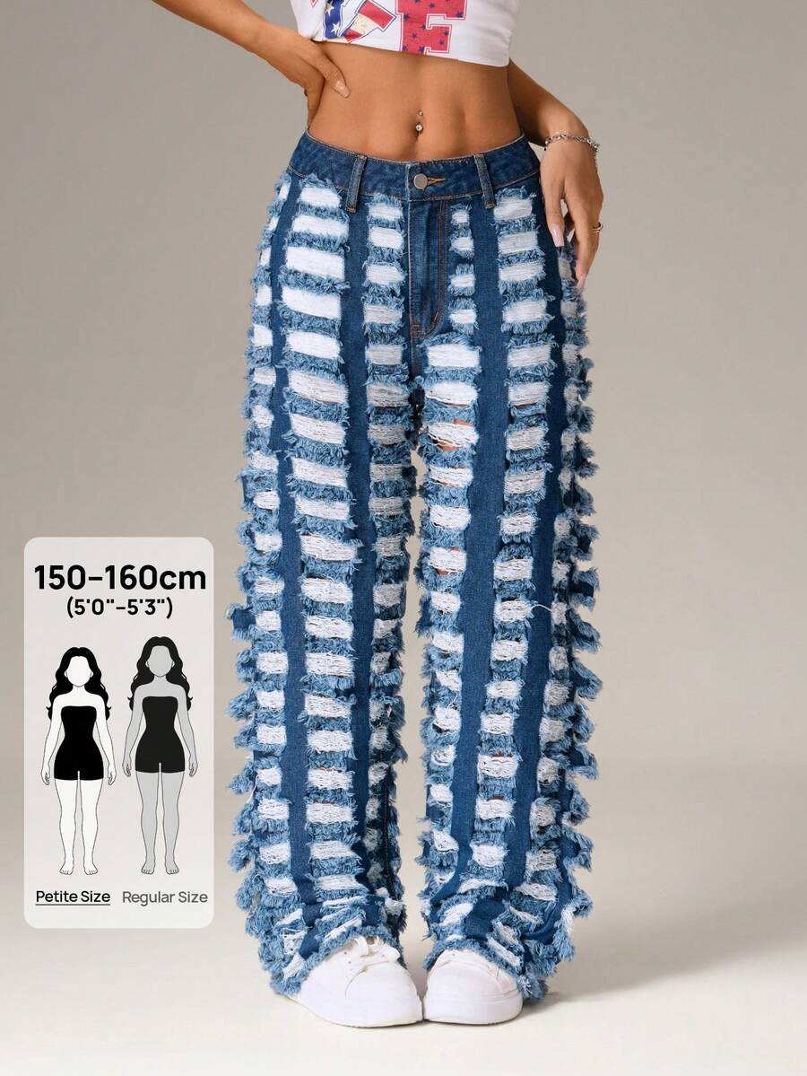 SHEIN PETITE Jeans rectos y sueltos de diseño de moda con presillas para cinturón, versátiles - Multicolor - Ver 1