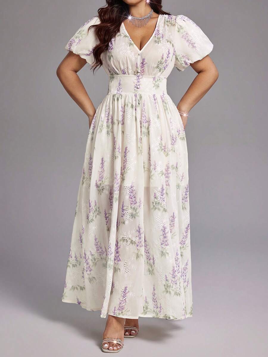 Viva Relle Plus Size Ditsy Floral Elegant Flowy Dress - Apricot - View 1