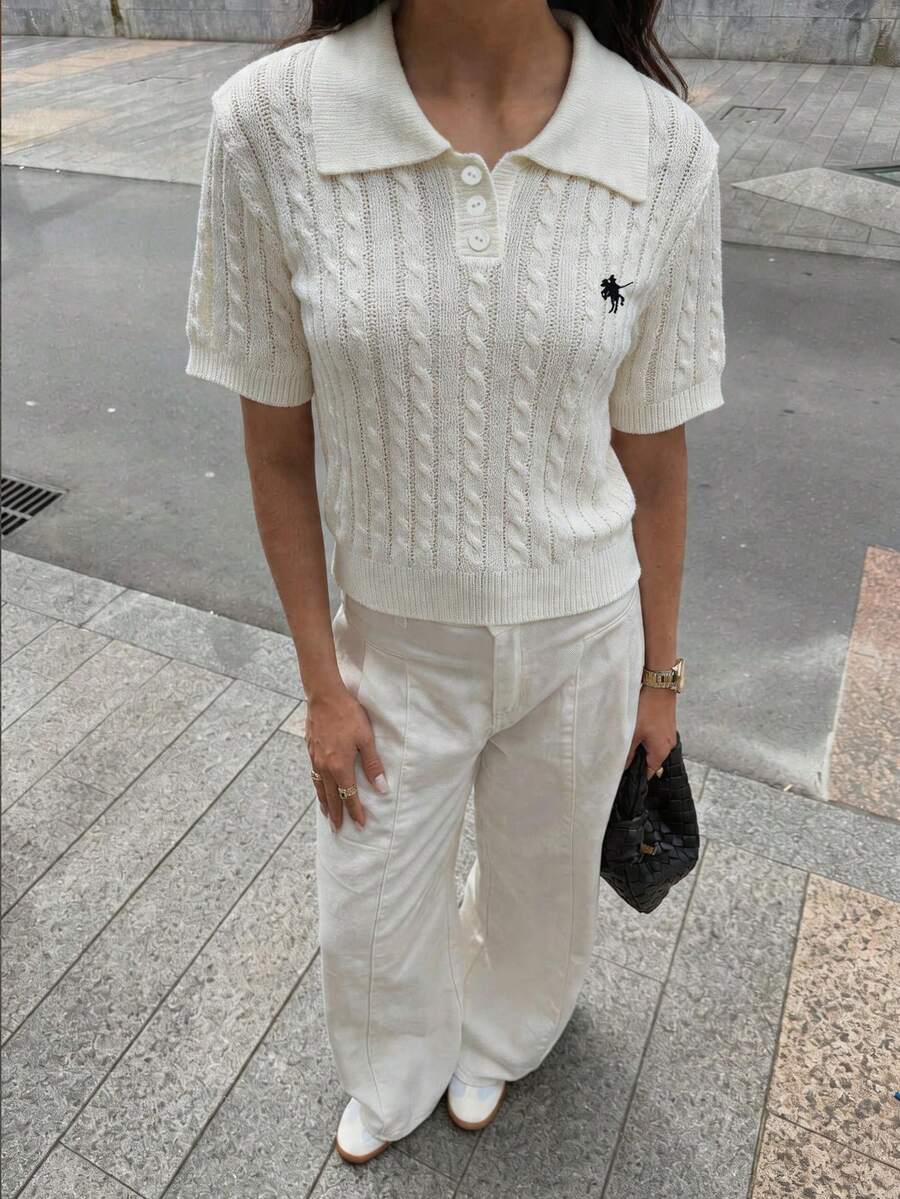 Selianne Áo nữ tay ngắn cổ polo thêu họa tiết, kiểu dáng thanh lịch, chất liệu dệt kim, thích hợp cho mùa xuân/hè. Hàng mới về. - Hồng - Xem 1