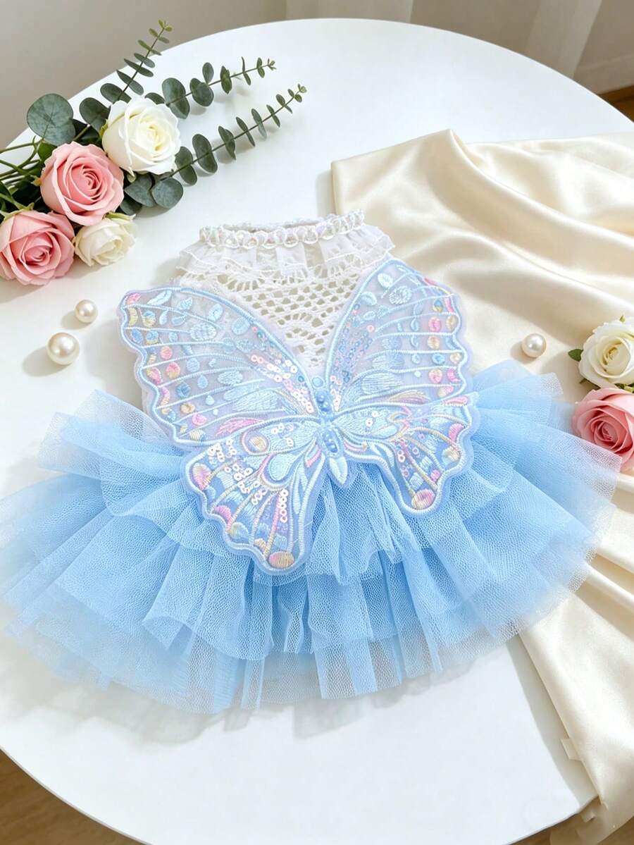 1 bộ váy cho mèo và chó, váy xòe bằng vải lưới màu xanh thêu hình bướm, kiểu cổ áo ren cho thú cưng nhỏ. - Màu xanh da trời - Xem 1