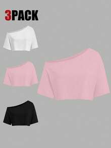 Lyrianda Conjunto de 3 piezas de camiseta corta con hombros asimétricos en negro, blanco y gris para tallas grandes de verano - Multicolor - Ver 1