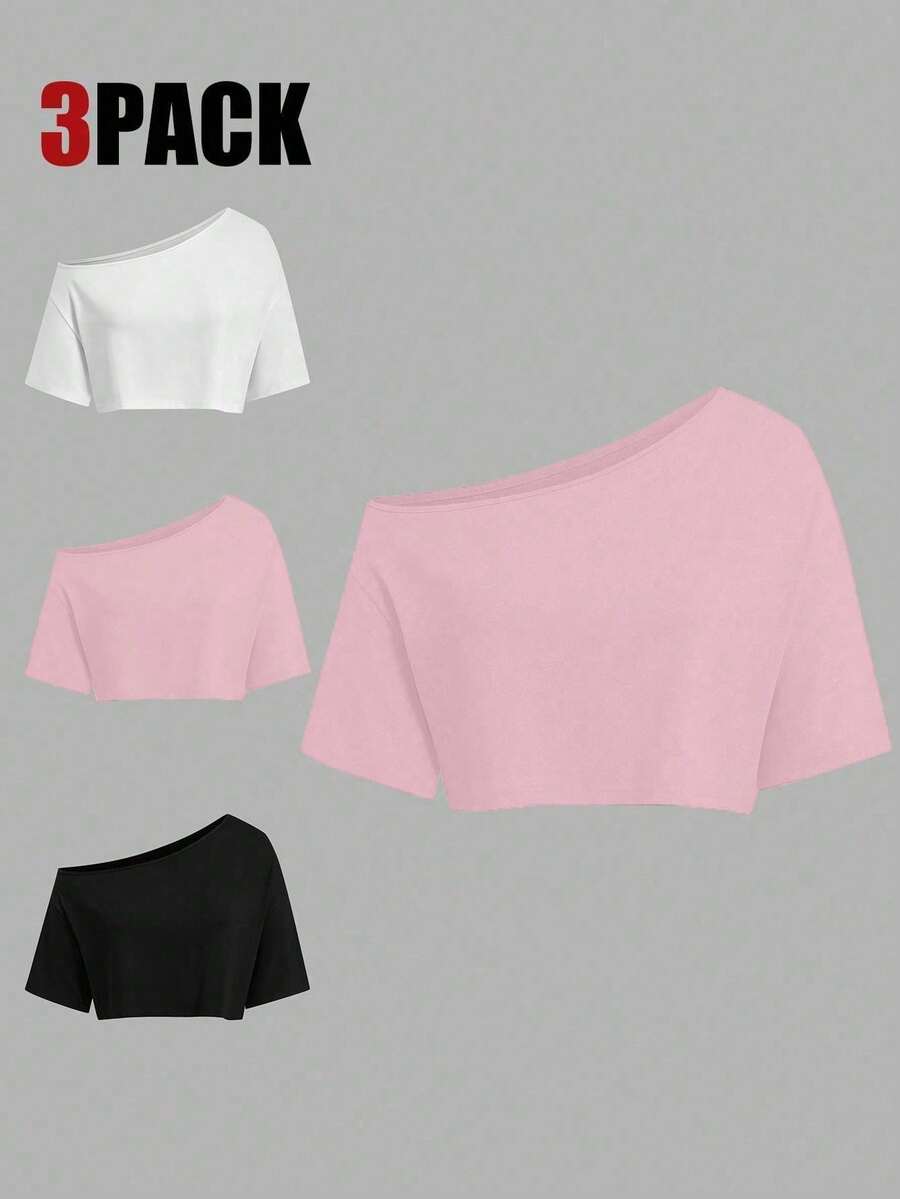 Lyrianda Conjunto de 3 piezas de camiseta corta con hombros asimétricos en negro, blanco y gris para tallas grandes de verano - Multicolor - Ver 1