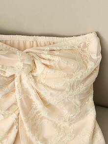 GlowEve 女士时尚蕾丝抹胸上衣，扭结腰身，不对称下摆，浪漫优雅休闲度假旅行外出派对上衣，春夏款 - 杏色 - 查看 4