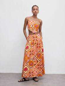 Maija 菱形格纹热带花卉印花短款上衣和高低摆花卉印花半身裙两件套女装 - 彩色 - 查看 1