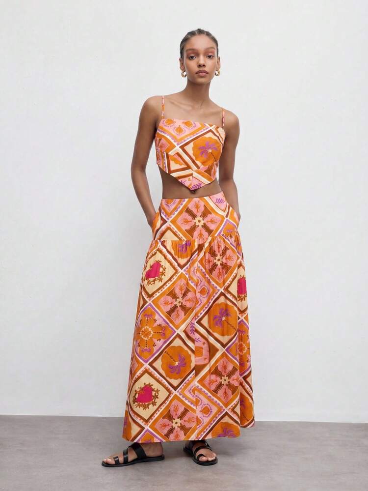 SHEIN Maija Rhombus Plaid Tropical Floral Print Cropped Top & High-Low Hem Floral Print Skirt 2-Piece Set For Women