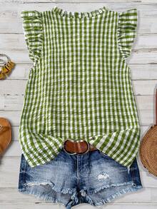 SHEIN JORESS Plus Size Plaid Vertical Striped Ruffle Trim Blouse - Green - View 2