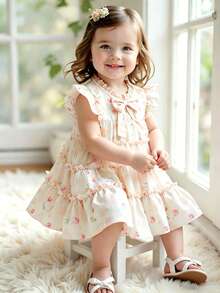 SHEIN Baby Girls' Fashionable Casual Floral Pattern Bow Decor Cake Dress, Suitable For Spring, Summer, Autumn, Home, Vacation, Holiday, Party, Daily Wear - White - View 8