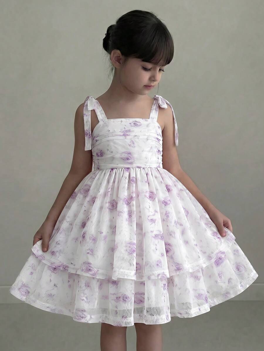 SHEIN 少女/青少年可爱优雅吊带蝴蝶结褶皱腰A字层叠碎花网纱连衣裙,适合外出、派对、春夏、度假和节日穿着。 - 淡紫色 - 查看 1