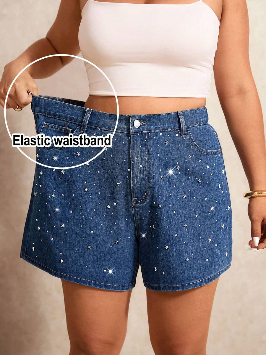 Elaquor Quần short denim dáng rộng, cạp chun, túi xéo, đính đá lấp lánh, kiểu dáng thường ngày. - Màu xanh lam - Xem 1