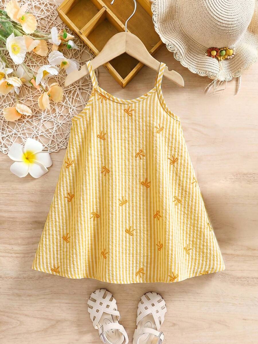 SHEIN Gaun Tanpa Lengan Longgar Motif Garis Warna-warni untuk Bayi Perempuan, Ringan, Cocok untuk Liburan Musim Panas - Kuning - View 1