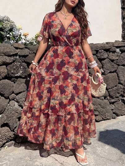 Modelyn Elegant Casual Spring/Summer Floral Print Ruffle Crossover Neck Patchwork Lantern Sleeve Loose Flowy Plus Size Women Long Dress