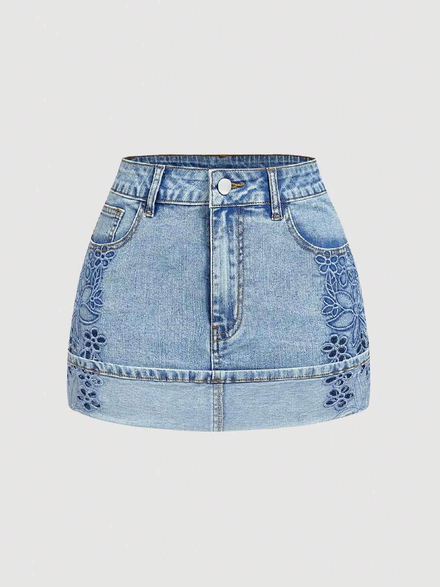 Sweetra Minifalda vaquera casual y versátil para citas y salidas con bolsillos para mujer - Azul - Ver 1
