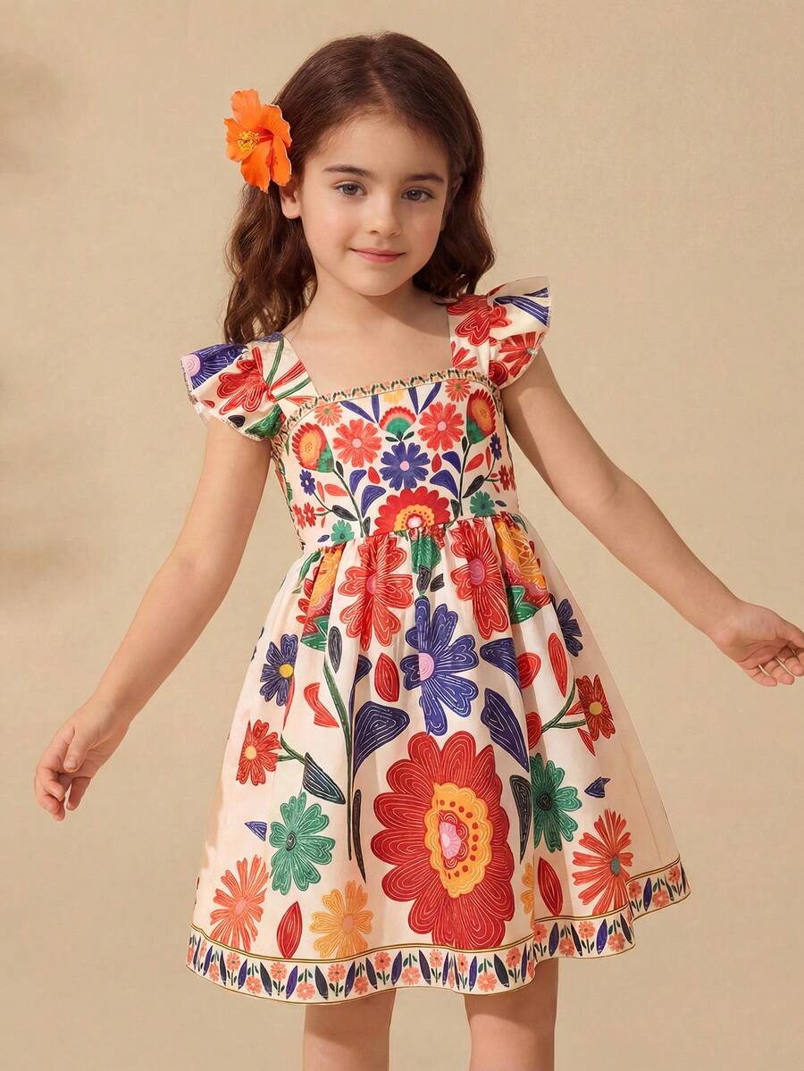 SHEIN Young Girl' Red Floral Pattern Ruffle Hem Casual Dress, Suitable For Outing And Vacation - Apricot - View 1