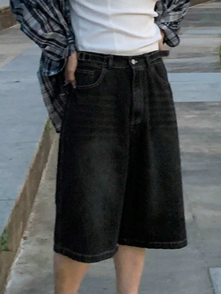 Washed Black Adjustable Waist Design Men's Denim Shorts