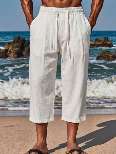 VIVINTIMO Quần ống côn màu trơn dành cho nam giới, thích hợp cho kỳ nghỉ hè, có túi xéo và dây rút ở eo.