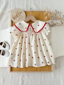 SHEIN Babygirl Cute Summer Floral Pattern Yellow Bow Tie Short Sleeve Dress - Red - View 2