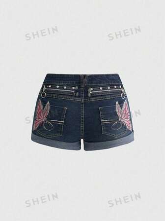 Fairycore Y2K Baddie Butterfly Embroidered Distressed Low-Rise Denim Shorts