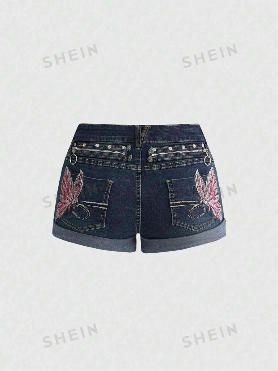 ROMWE Fairycore Y2K Baddie Butterfly Embroidered Distressed Low-Rise Denim Shorts - Dark Wash - View 1