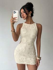 Aloruh Đầm ngắn hở lưng gợi cảm, thanh lịch, mới cho mùa Xuân/Hè, thích hợp cho Ngày Valentine, đám cưới, đi biển, nghỉ dưỡng, đầm ngắn không tay hở lưng, đầm dự tiệc gợi cảm, màu xanh lá cây trơn đính cườm thêu hoa 3D. - Màu be - Xem 6