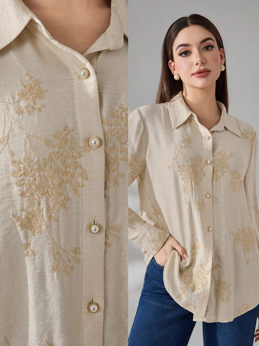 Veilorie Damen Bluse mit bestickter Knopfleiste und Langarm, elegant für Frühling und Sommer - Khaki - Übersicht 1