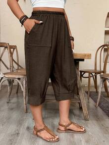 EMERY ROSE Pantalones cortos de lino sintético informales de talla grande - Marrón - Ver 1