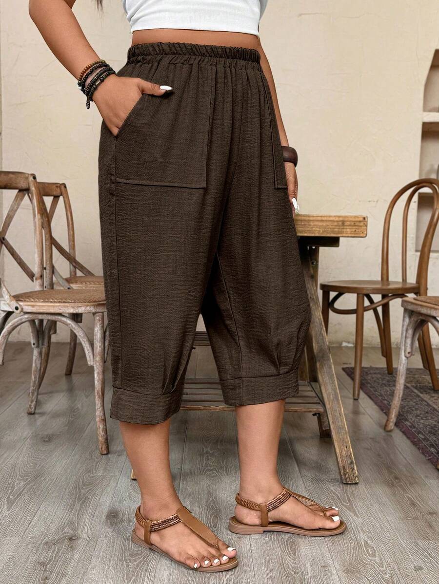 EMERY ROSE Pantalones cortos de lino sintético informales de talla grande - Marrón - Ver 1