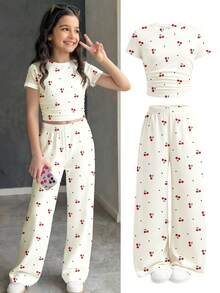 Bộ 2 món gồm áo thun và quần legging dệt kim in hình quả anh đào nhỏ dễ thương kiểu vintage dành cho bé gái tuổi teen, thích hợp mặc hàng ngày vào mùa hè. - Nhiều màu - Xem 2