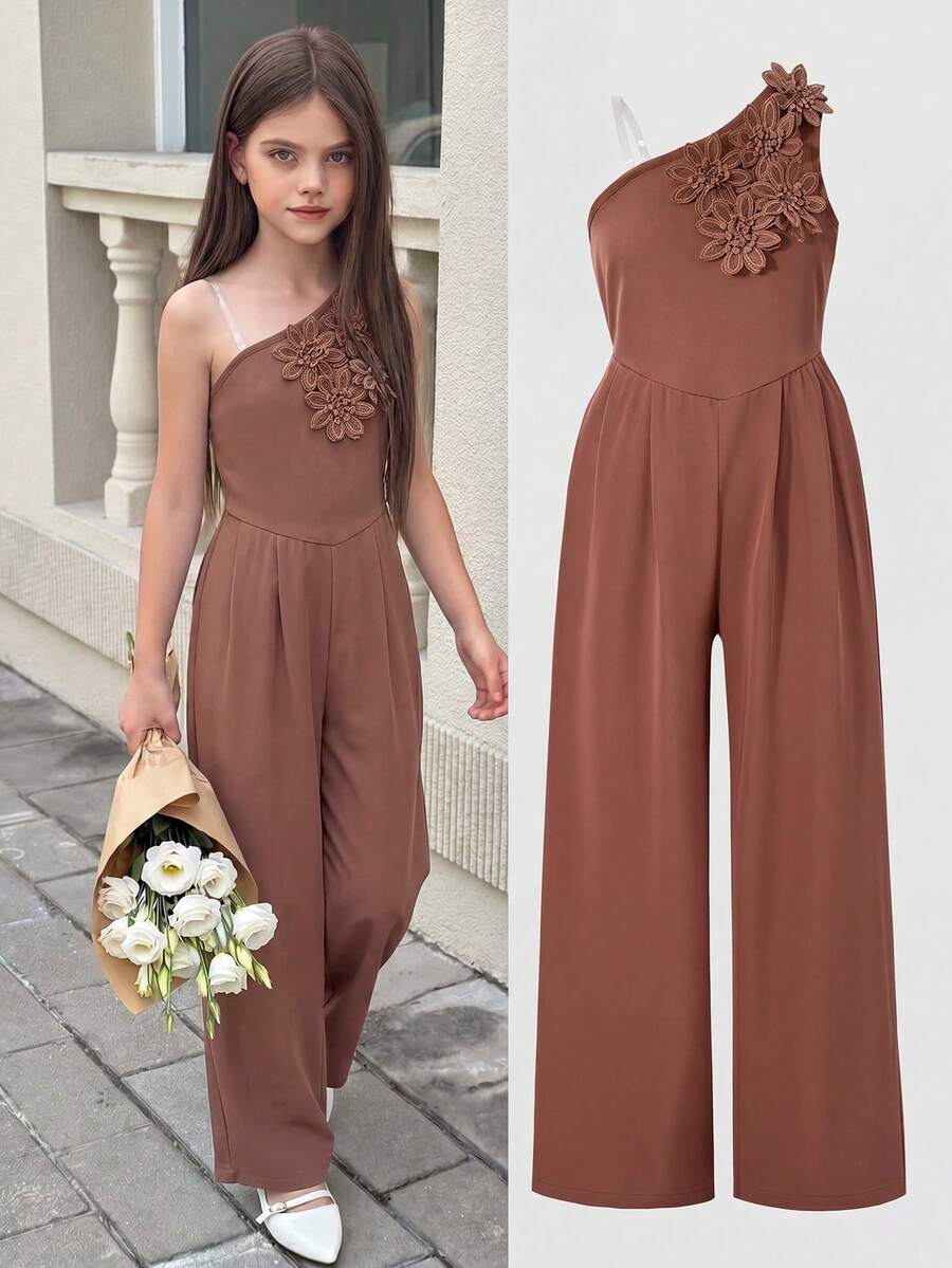 Mono holgado informal con decoración floral 3D para niñas preadolescentes, adecuado para uso diario en primavera, verano y otoño, para ir y venir del colegio - Café integral - Ver 1