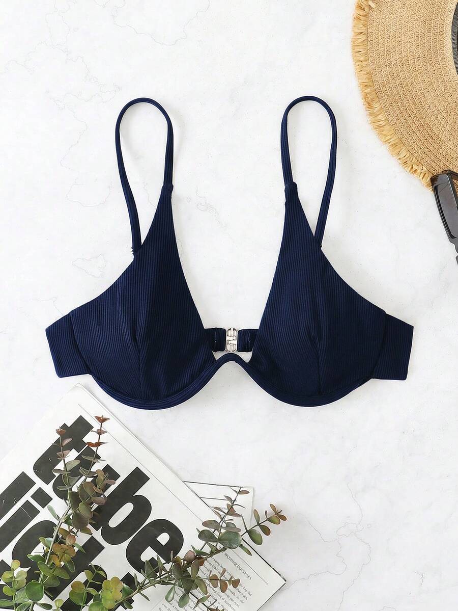 Swim Vcay Top de bikini de unicolor con aros para mujer, adecuado para vacaciones de verano en la playa - Azul Marino - Ver 1