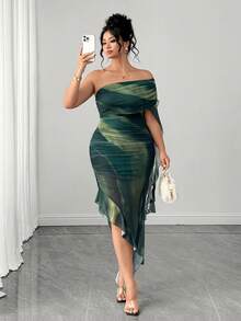 SHEIN Elenzya Plus Size Women's Fashion Asymmetric Hem Shoulder Dress - Green - View 5