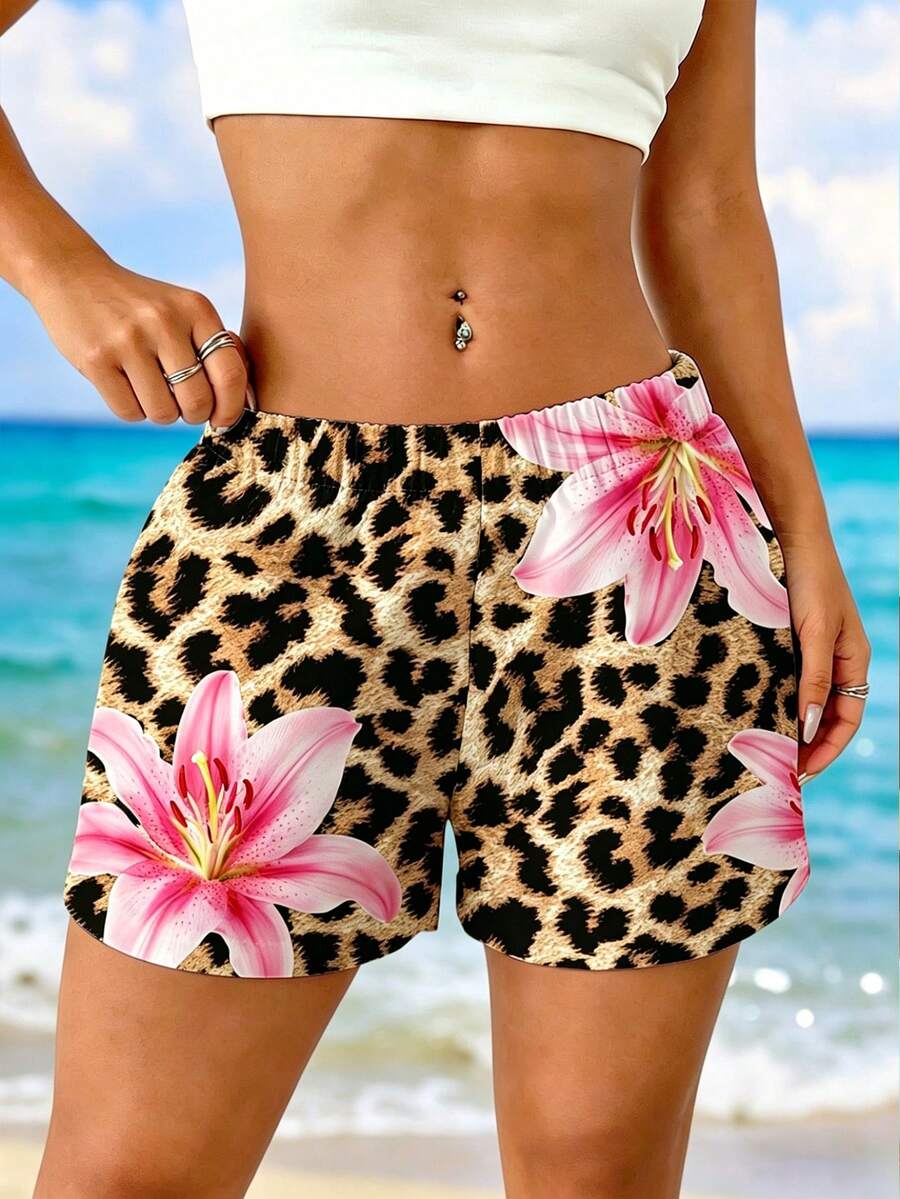 EMERY ROSE Quần short nữ cỡ lớn thanh lịch họa tiết hoa và da báo, cạp cao co giãn, ống rộng, thoải mái, thoáng khí, thời trang, nhẹ, đa năng, phù hợp cho nhiều dịp, đi làm hàng ngày, đi biển. - Nhiều màu - Xem 1